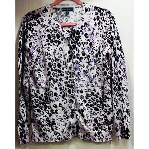 Karen Scott Cardigan Sweater Medium White Black Purple Animal Print Button Note